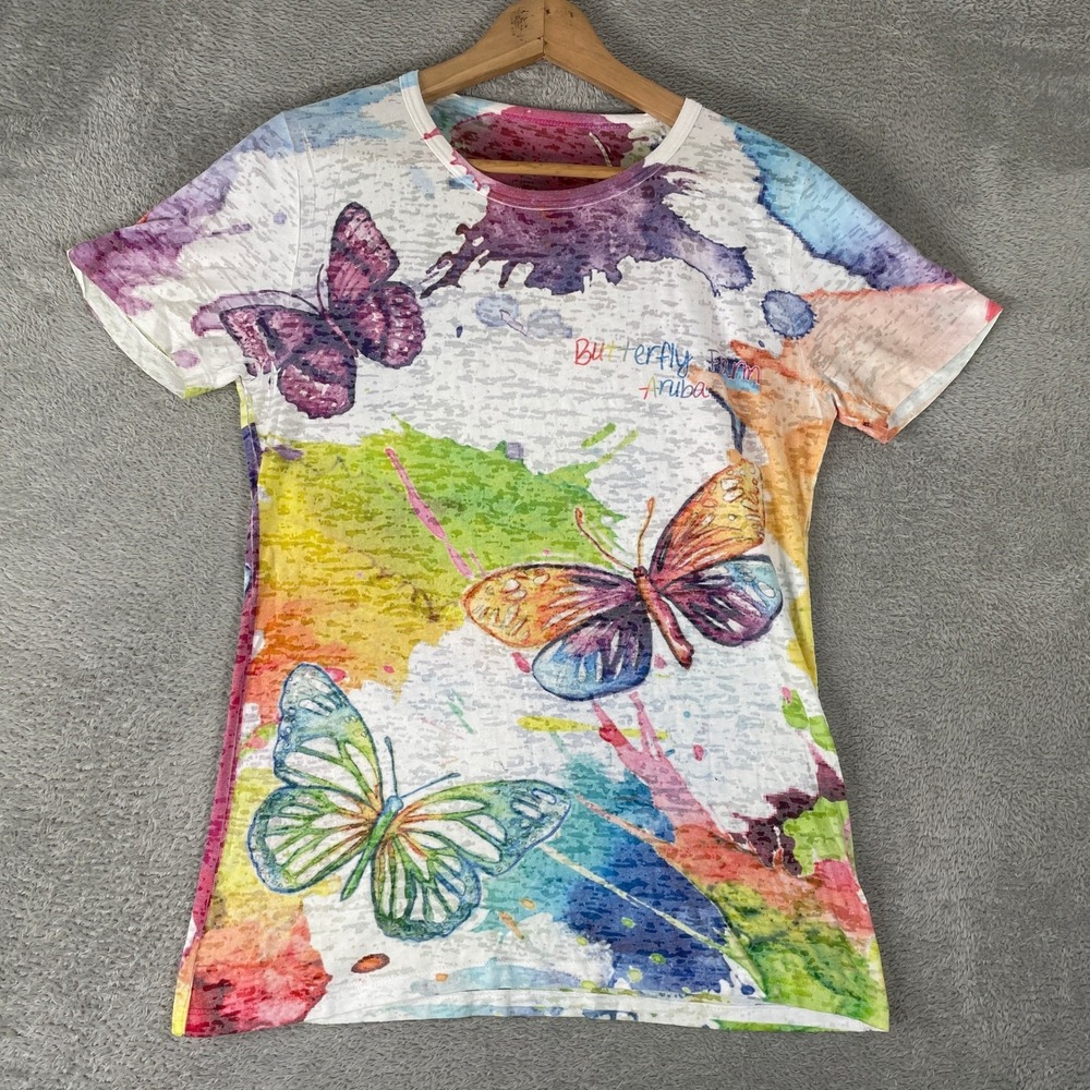 Butterfly Farm Aruba Shirt Womens Medium White Multi Watercolor Burnout Souvenir